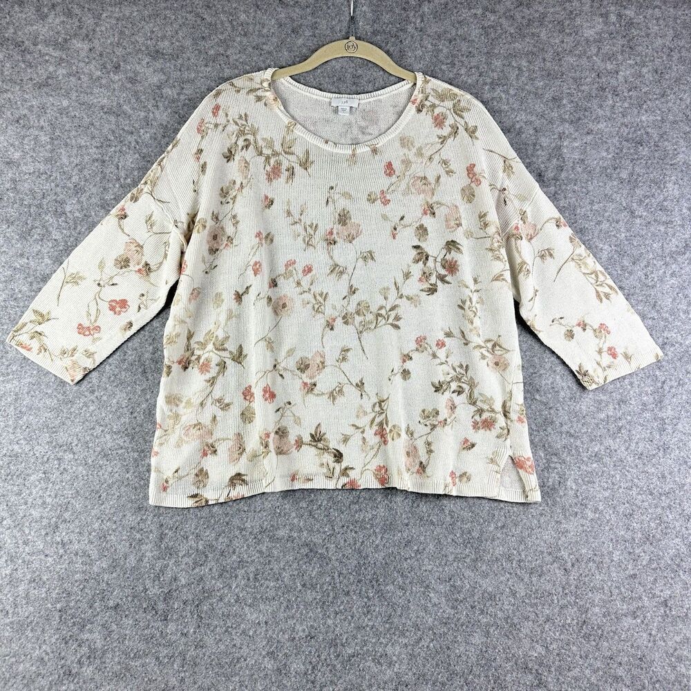 J Jill Top Womens Large Floral Knit Linen Blend Coastal Breezy Beach Cottage